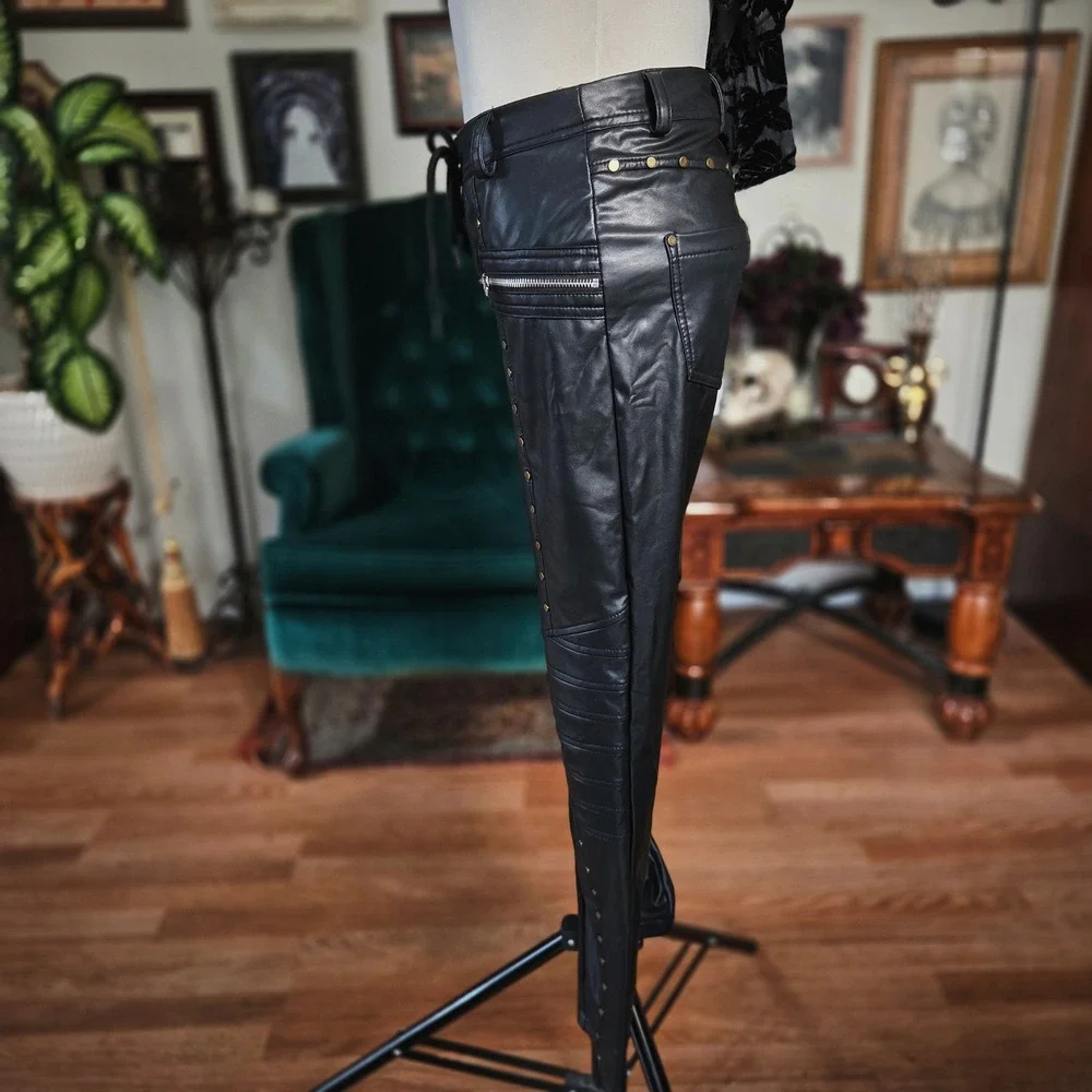 Faux Leather Biker Pants Black Lace Up Front Studded Moto Trousers Women Medium